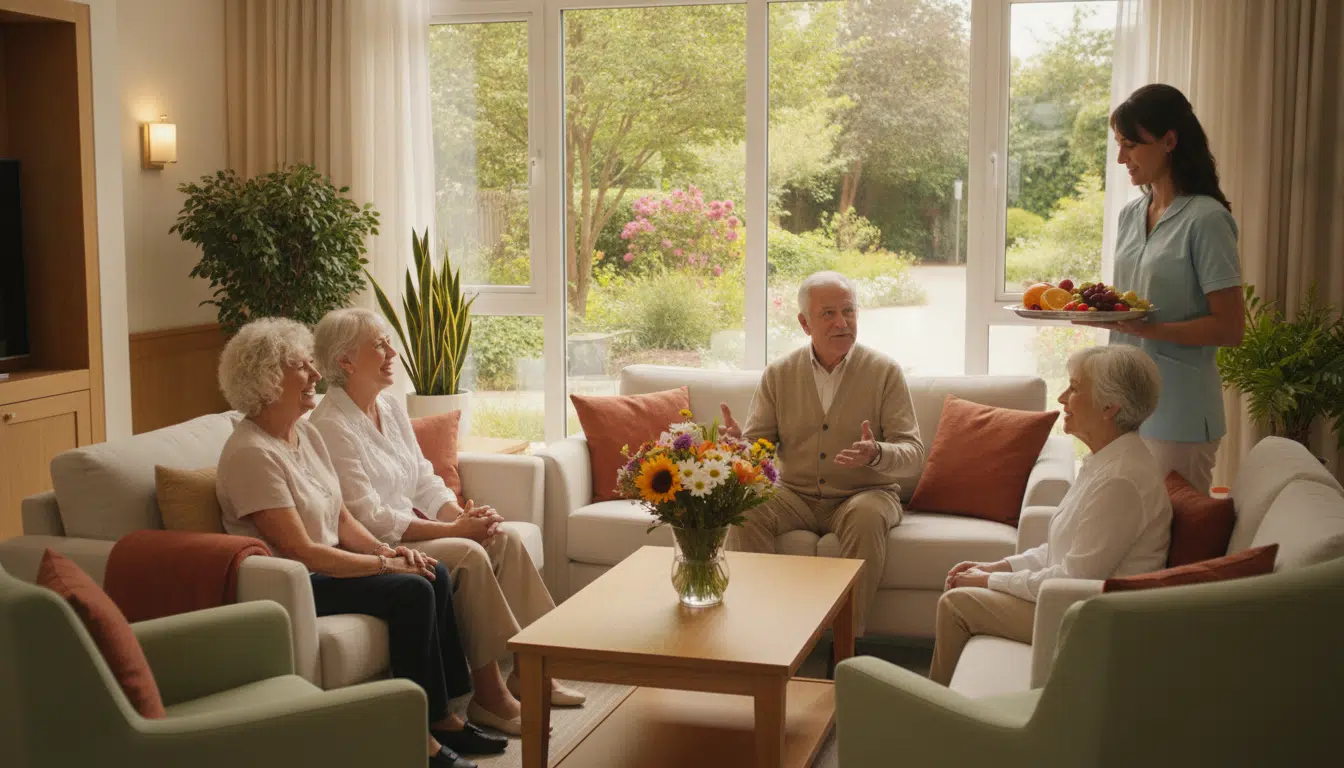 Seniors sitting in bright room with caregiver serving fruit platter and floral centerpiece