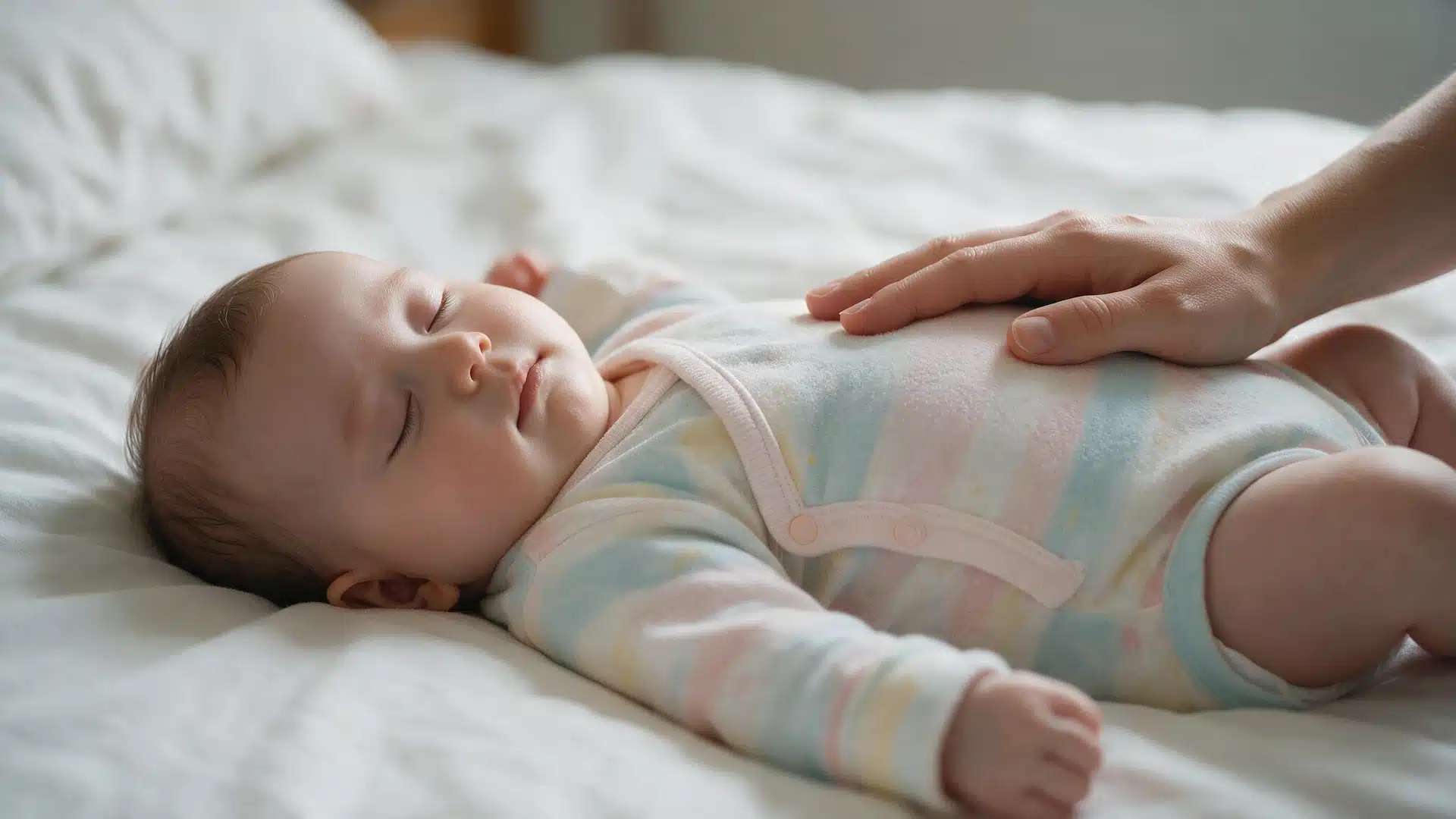 baby sleeping in pastel clothing with an adult hand gently resting on the tummy to check breathing