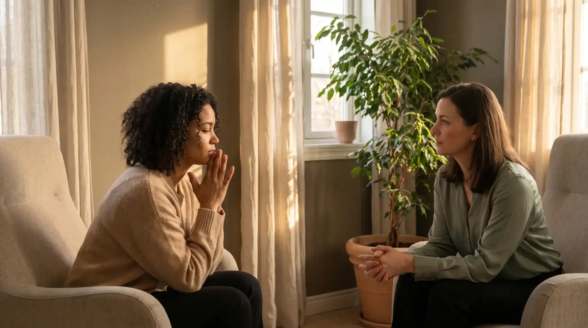 Two women sitting and talking in a warmly lit room with a large potted plant