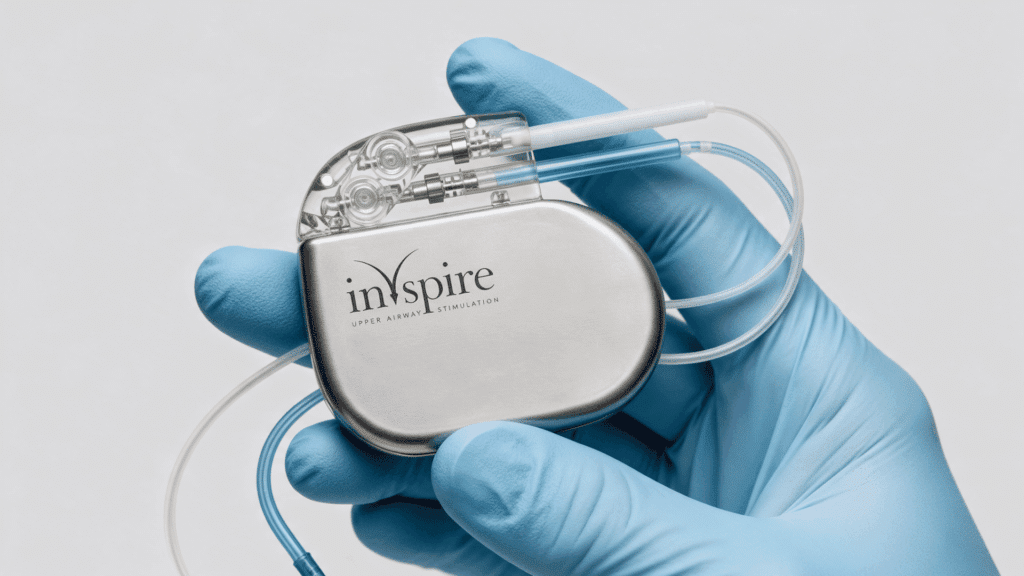 Gloved hand holding an Inspire sleep apnea implant with attached stimulation leads.