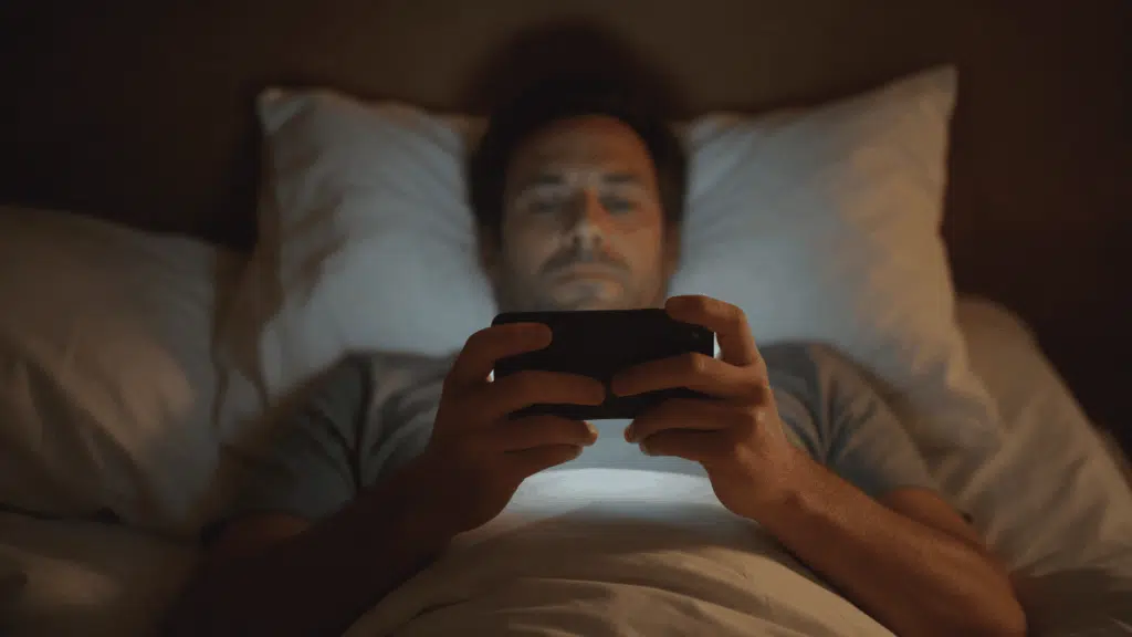 man using a smartphone in bed at night with screen light illuminating his hands