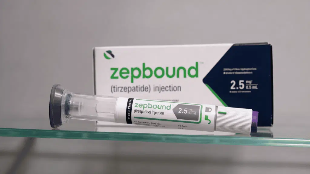 Zepbound 2.5 mg tirzepatide injection pen displayed in front of its prescription medication box.