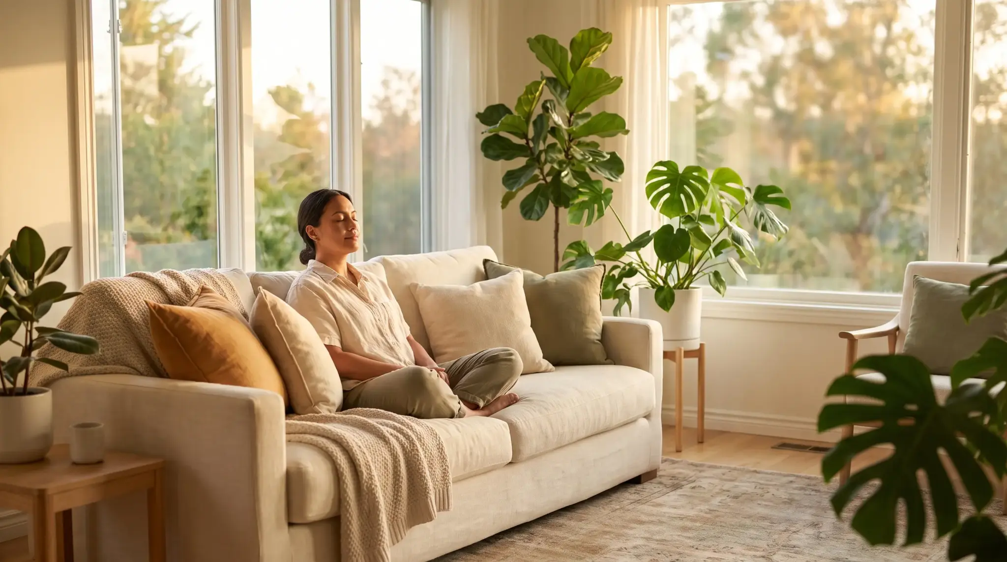 Person meditating on beige sofa surrounded by potted plants in sunlit living room
