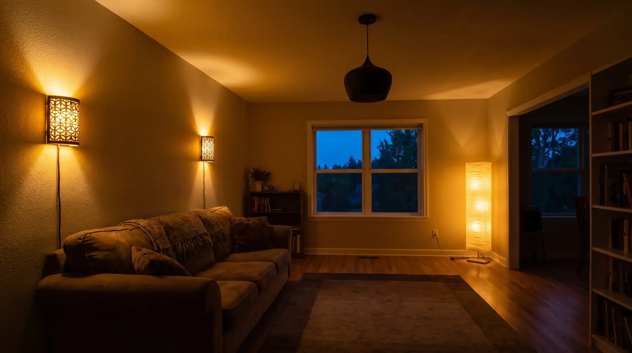Cozy living room with warm lighting, beige sofa, and large window at dusk