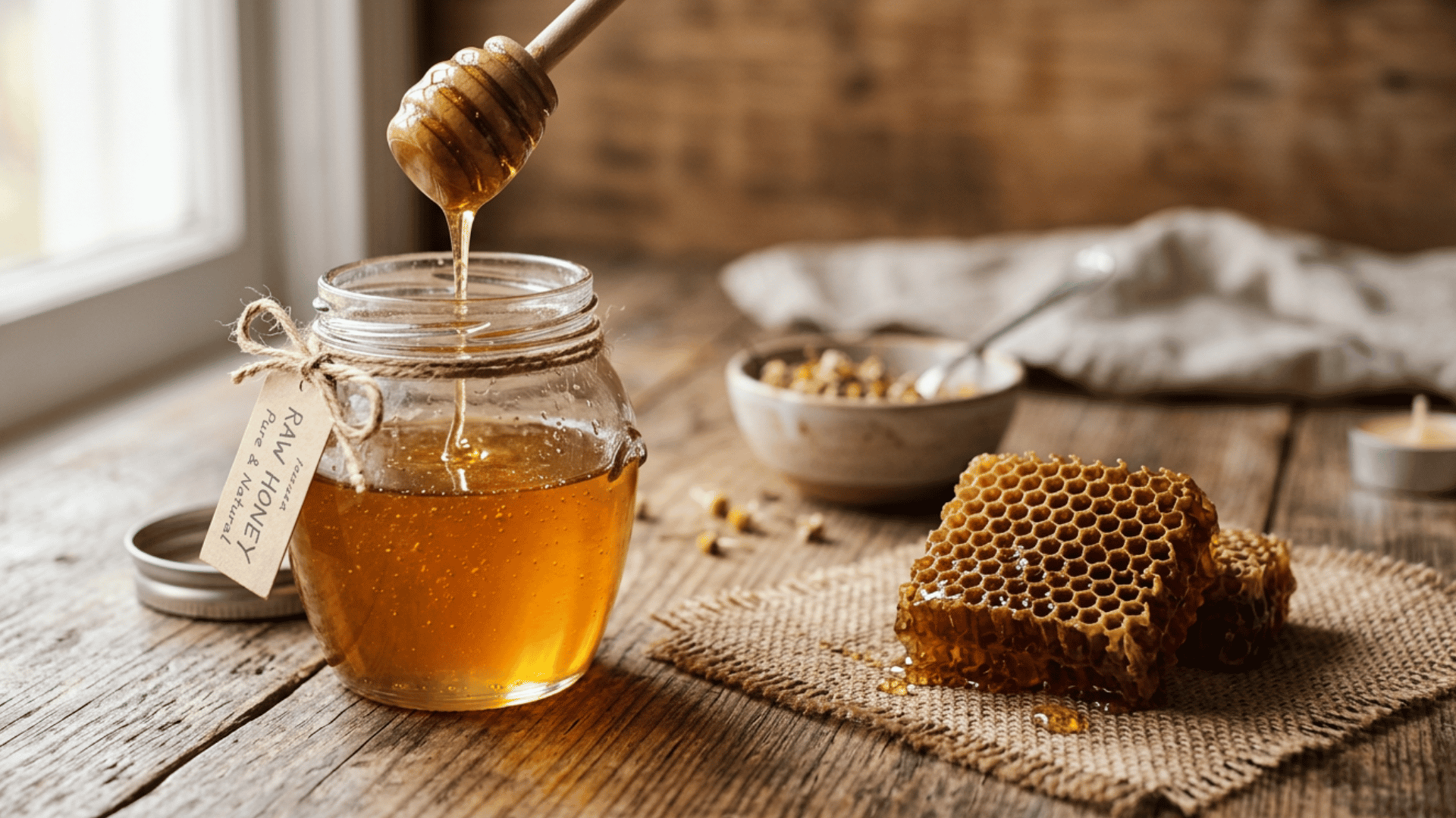 raw honey dripping into a glass jar beside honeycomb on a rustic wooden table near a window