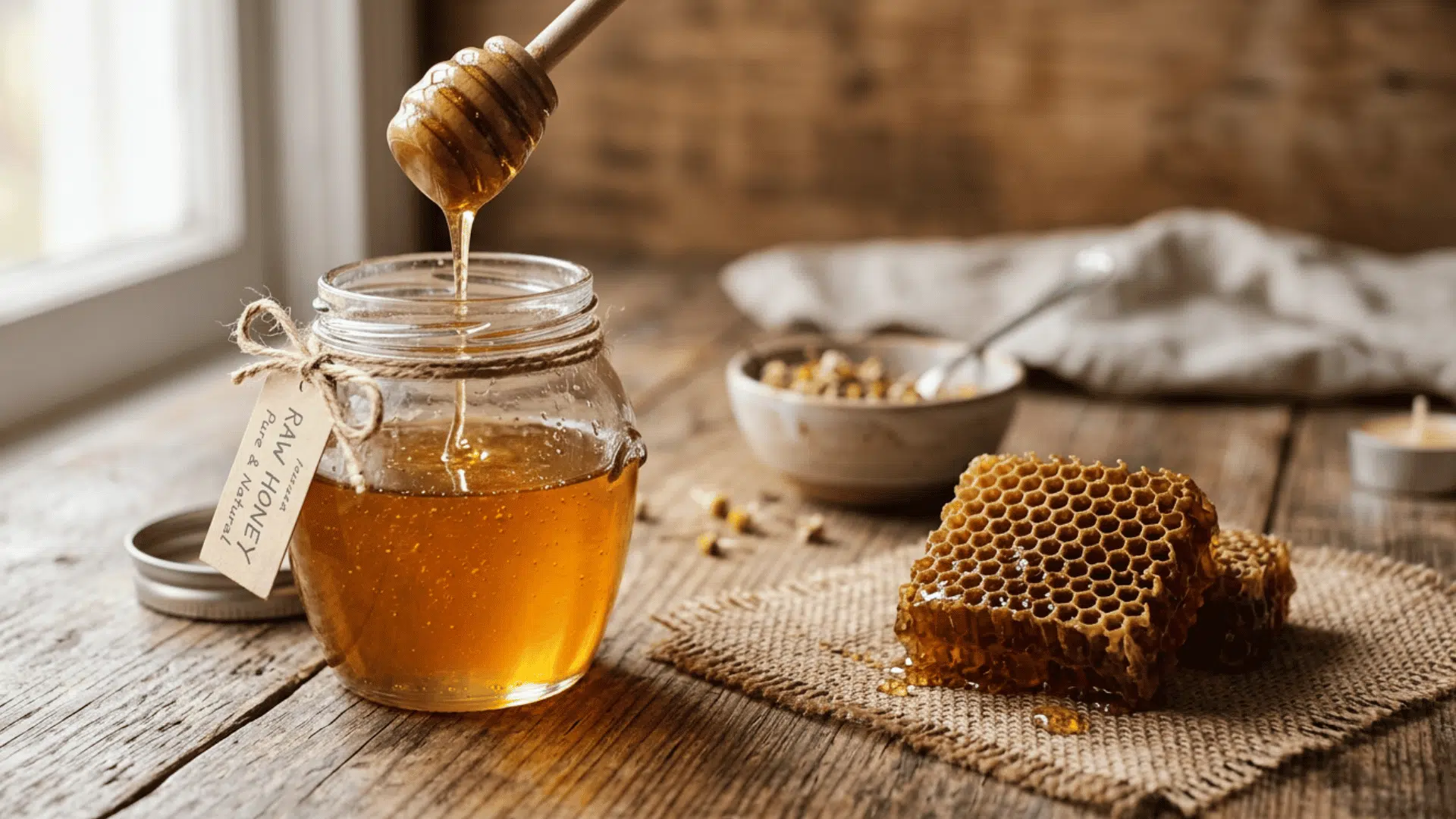 raw honey dripping into a glass jar beside honeycomb on a rustic wooden table near a window