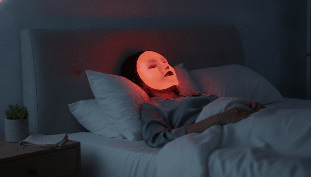 Person wearing illuminated LED mask lying in bed in dark bedroom setting