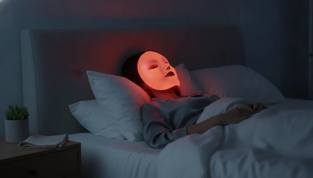 Person wearing illuminated LED mask lying in bed in dark bedroom setting