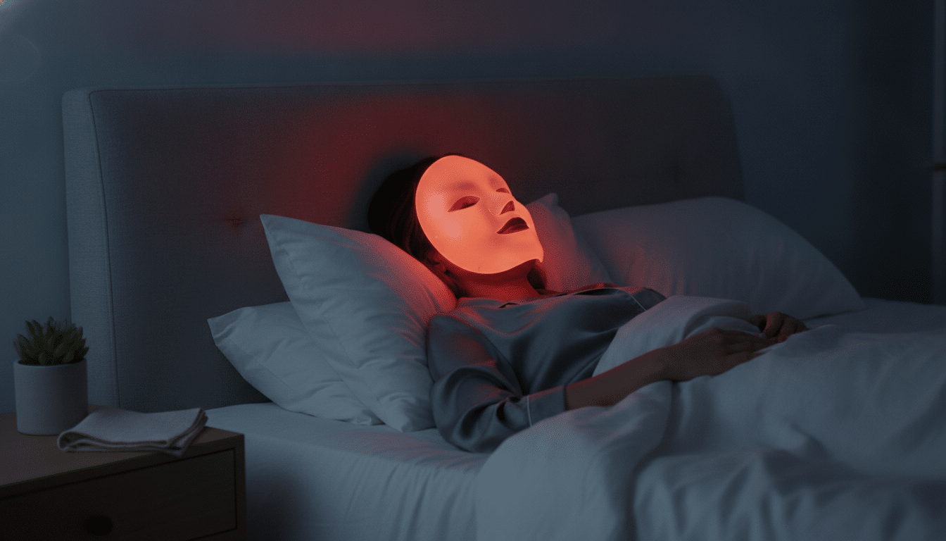 Person wearing illuminated LED mask lying in bed in dark bedroom setting