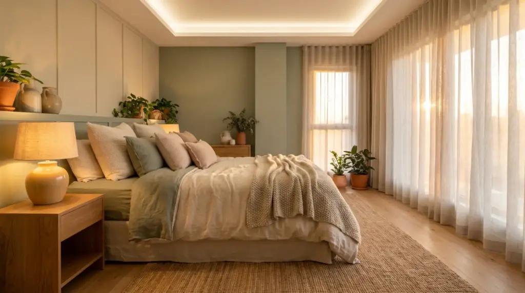 Cozy bedroom with neutral tones, layered bedding, plants, and soft natural light through sheer curtains