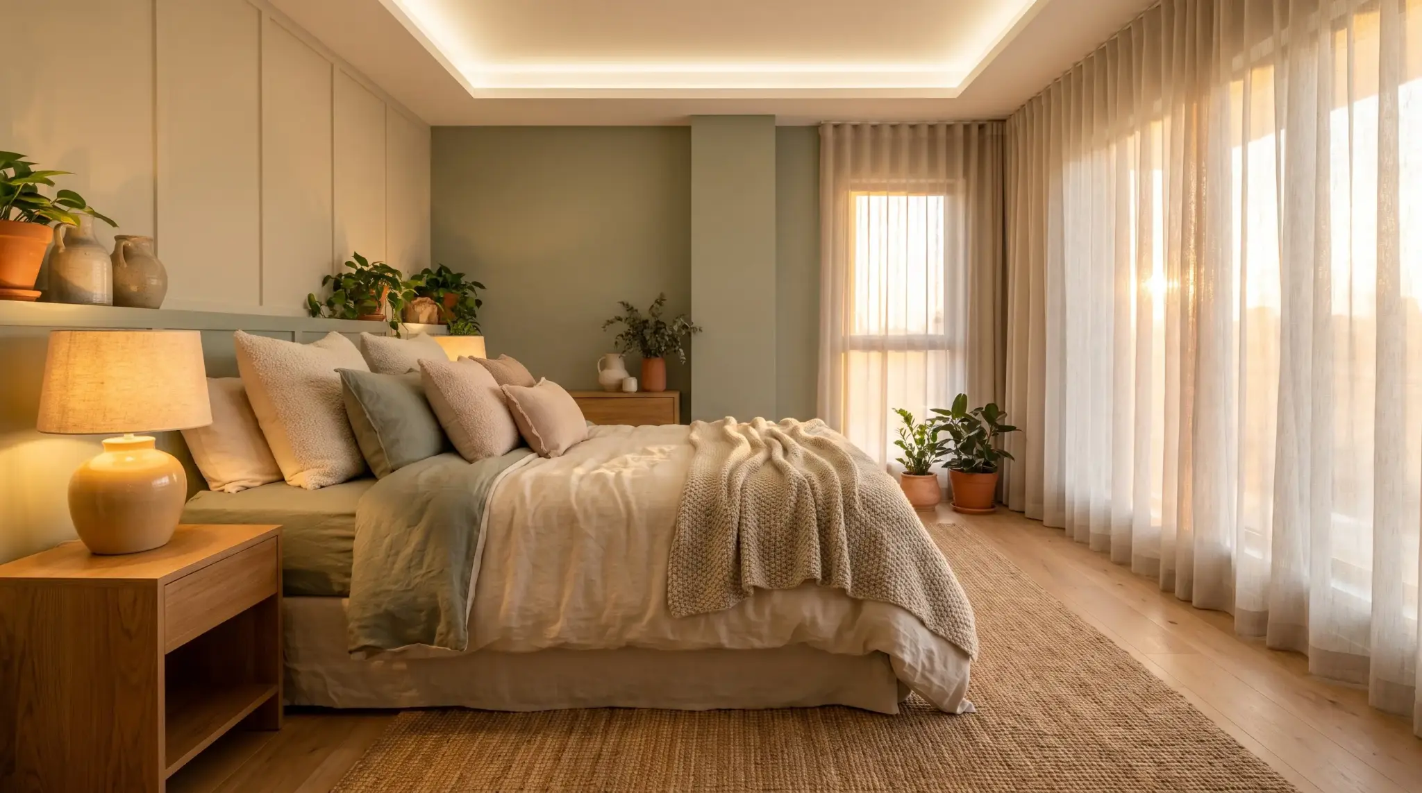 Cozy bedroom with neutral tones, layered bedding, plants, and soft natural light through sheer curtains