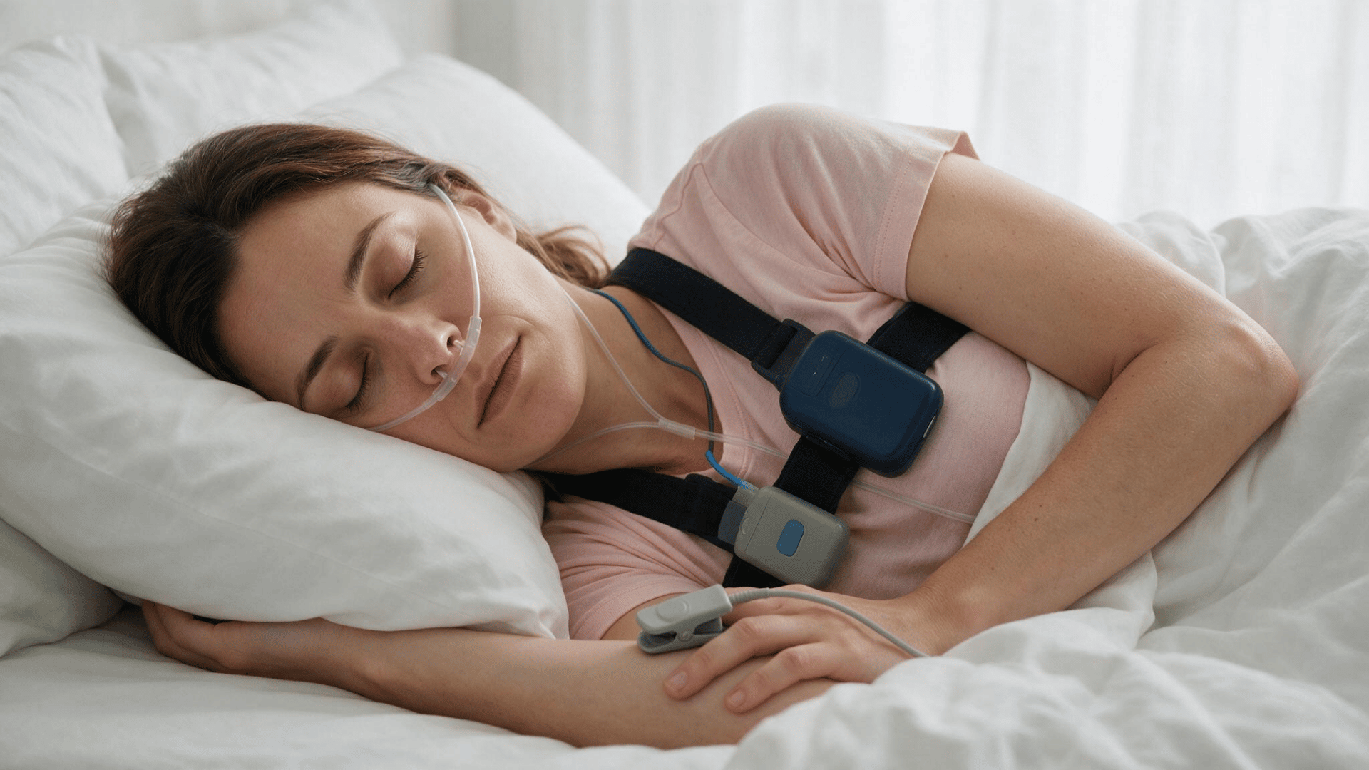 woman sleeping on her side while wearing home sleep study monitoring equipment