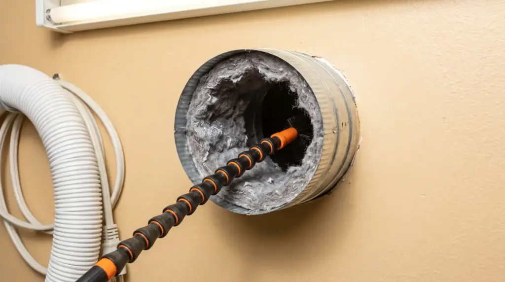 Dryer vent cleaning with flexible brush tool inside metal duct in utility room