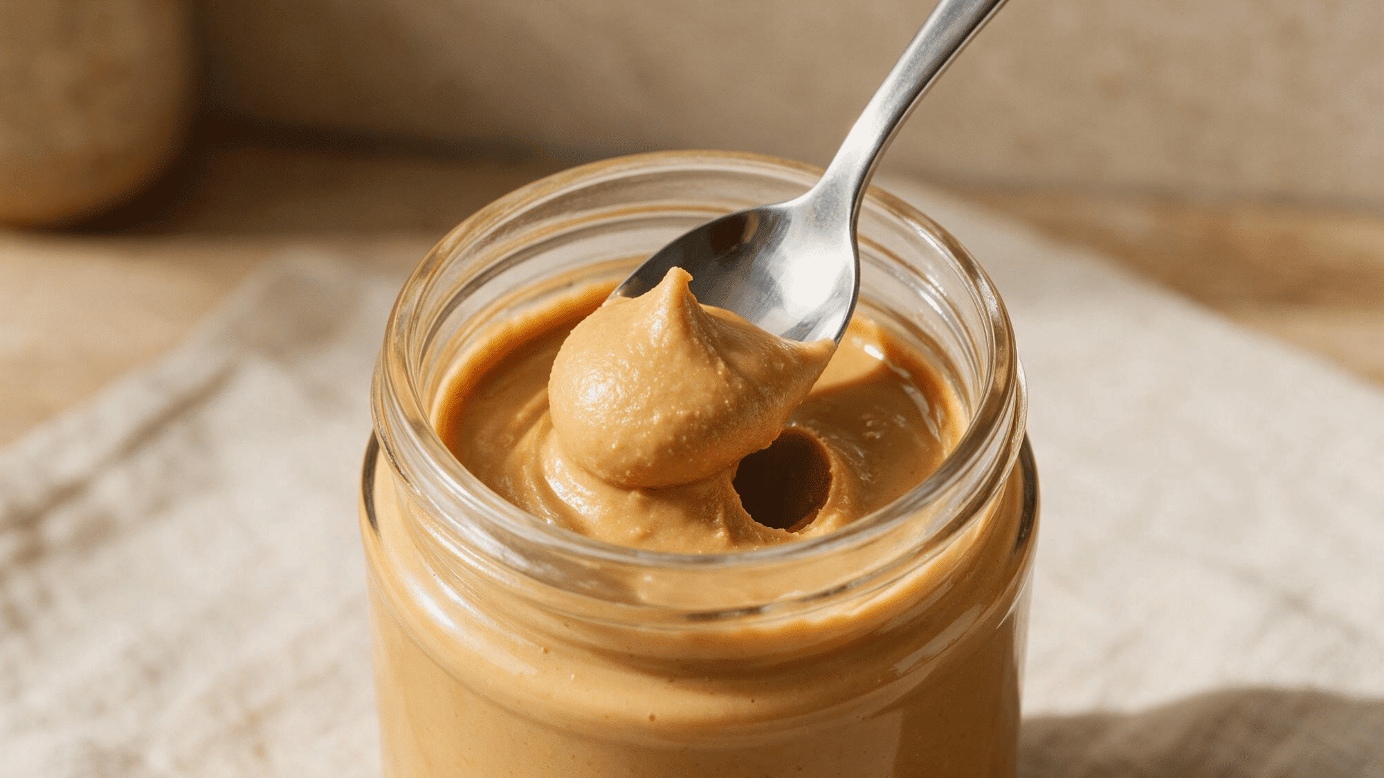 Spoonful of creamy peanut butter lifted from an open glass jar.