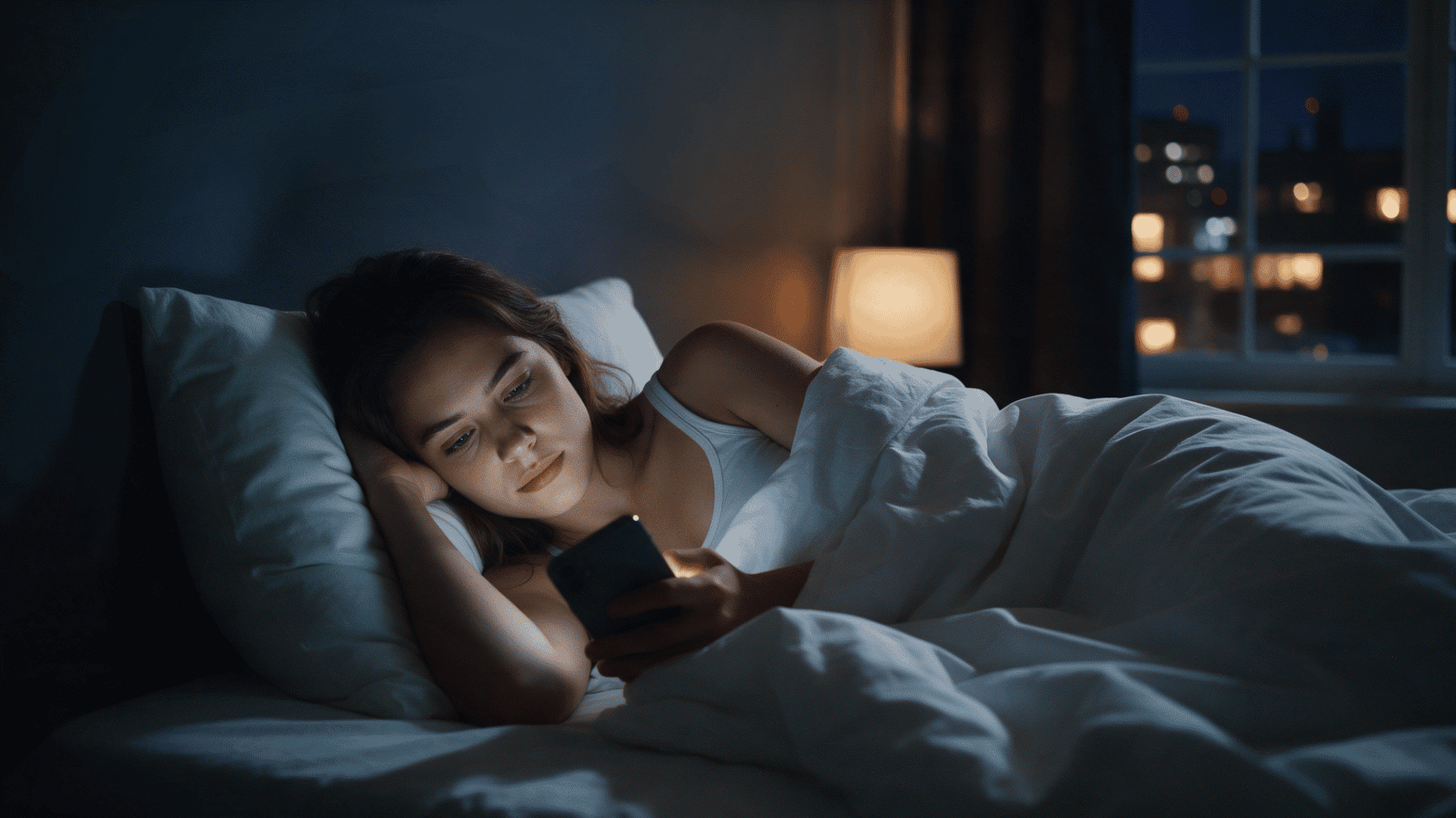 woman using a smartphone in bed at night with screen light illuminating her face