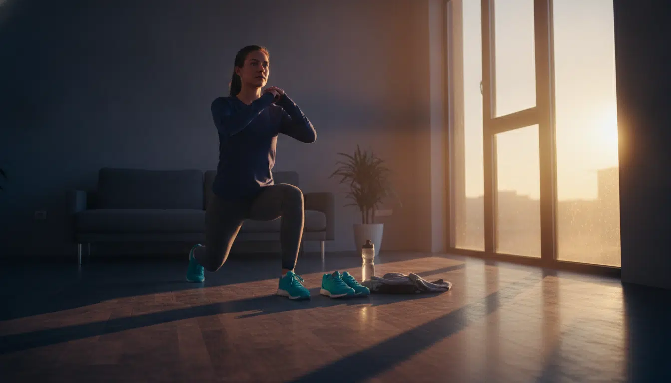 Woman doing lunges indoors with sunrise through large windows