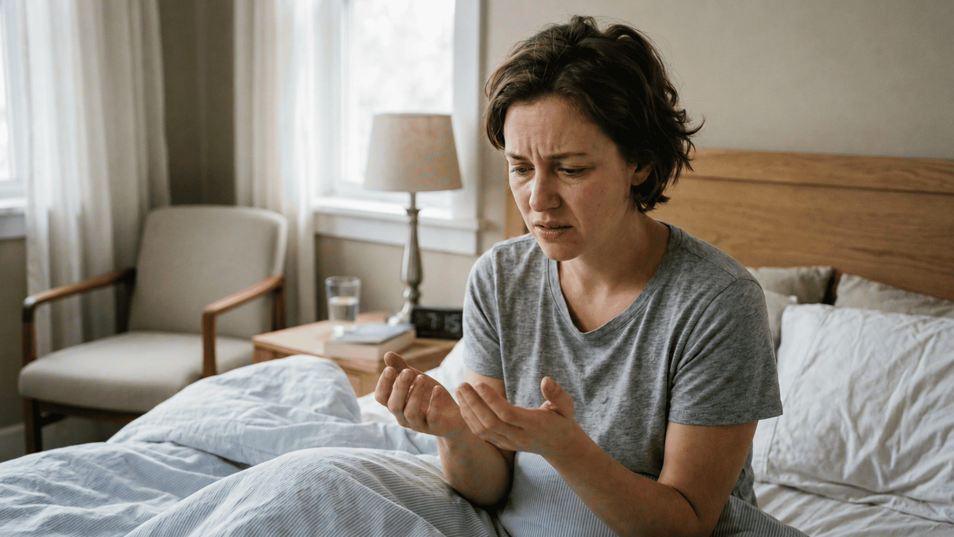 woman sitting in bed looking concerned while experiencing shaking hands after waking