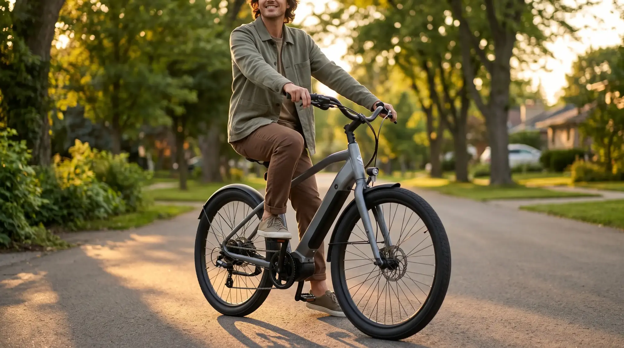 Man riding an electric bicycle on suburban street with green trees and warm evening light
