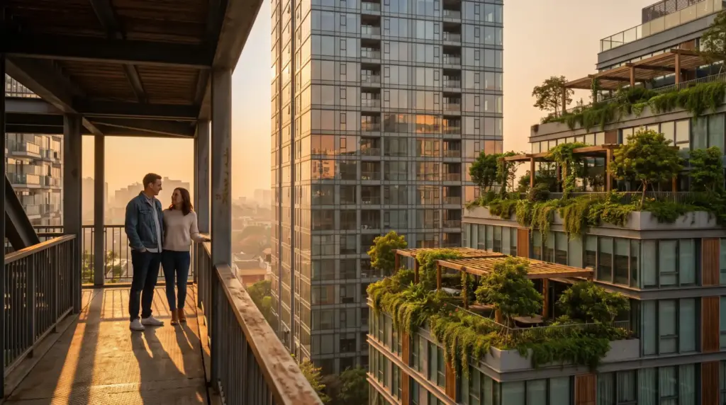 Couple standing on a balcony with modern urban buildings and greenery at sunset