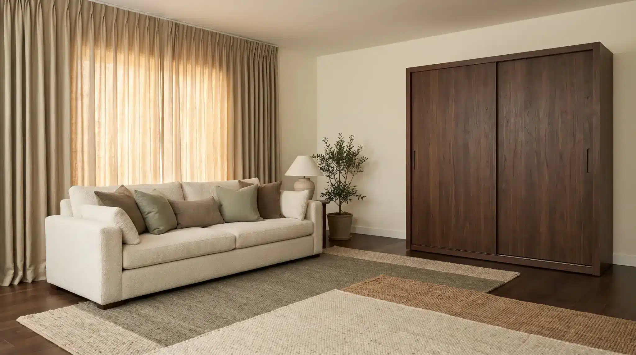 Beige sofa with green and brown cushions next to wooden wardrobe in cozy living room