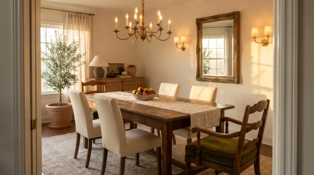 Elegant dining room with wooden table, upholstered chairs, chandelier, and large mirror in warm lighting