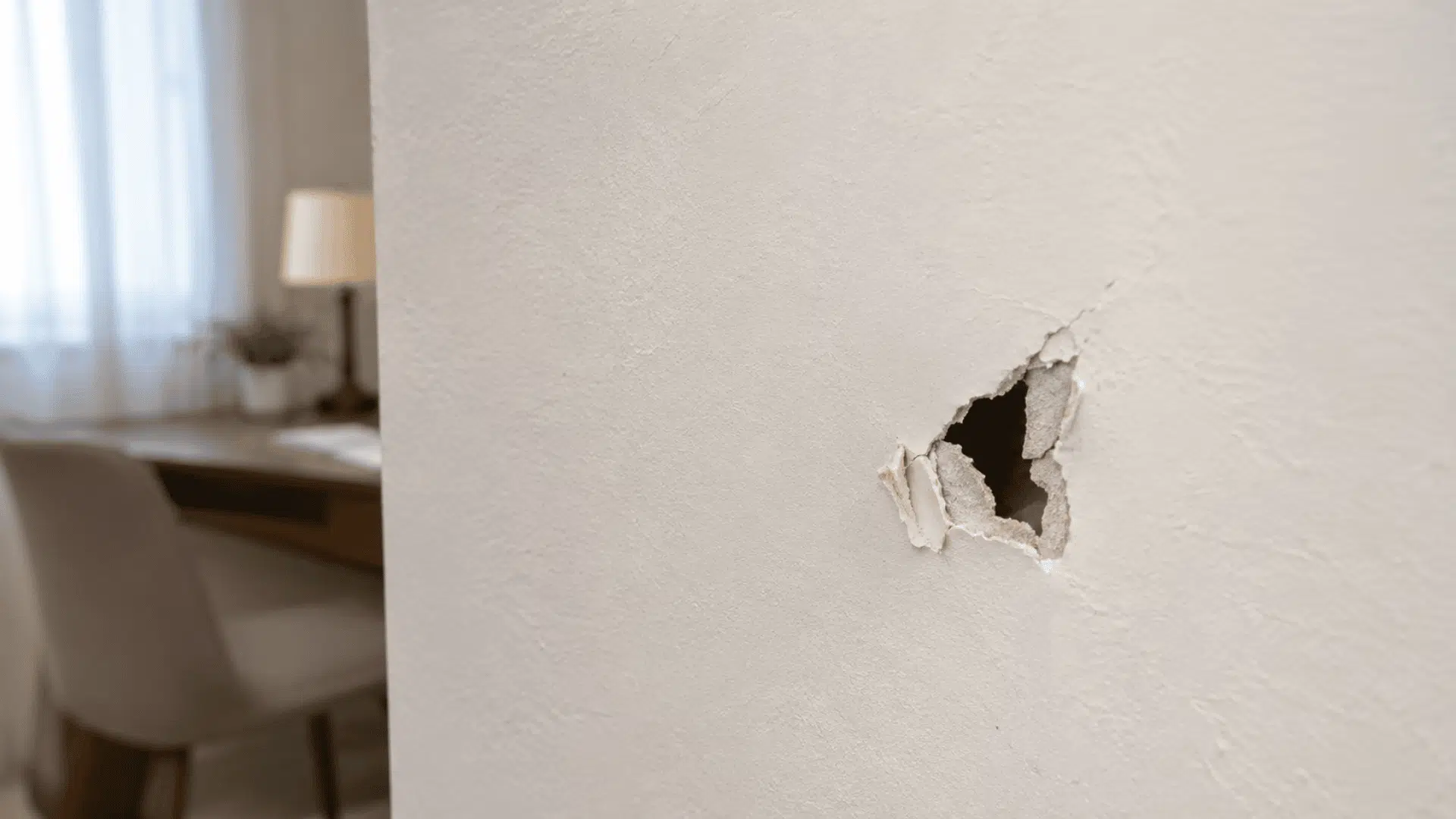 Small jagged hole in a white drywall wall with a blurred home office in the background.