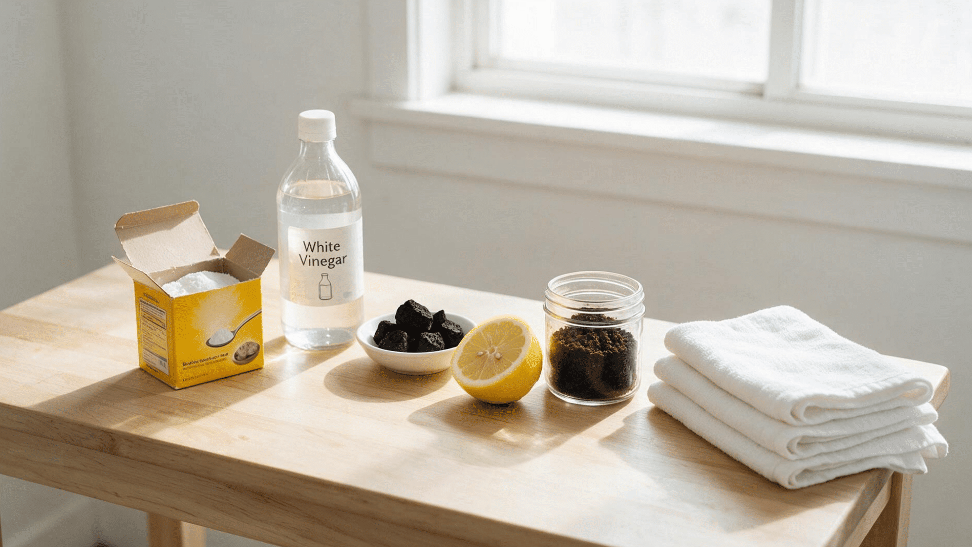 Baking soda, vinegar, charcoal, lemons, and coffee grounds on a kitchen table for removing household odors