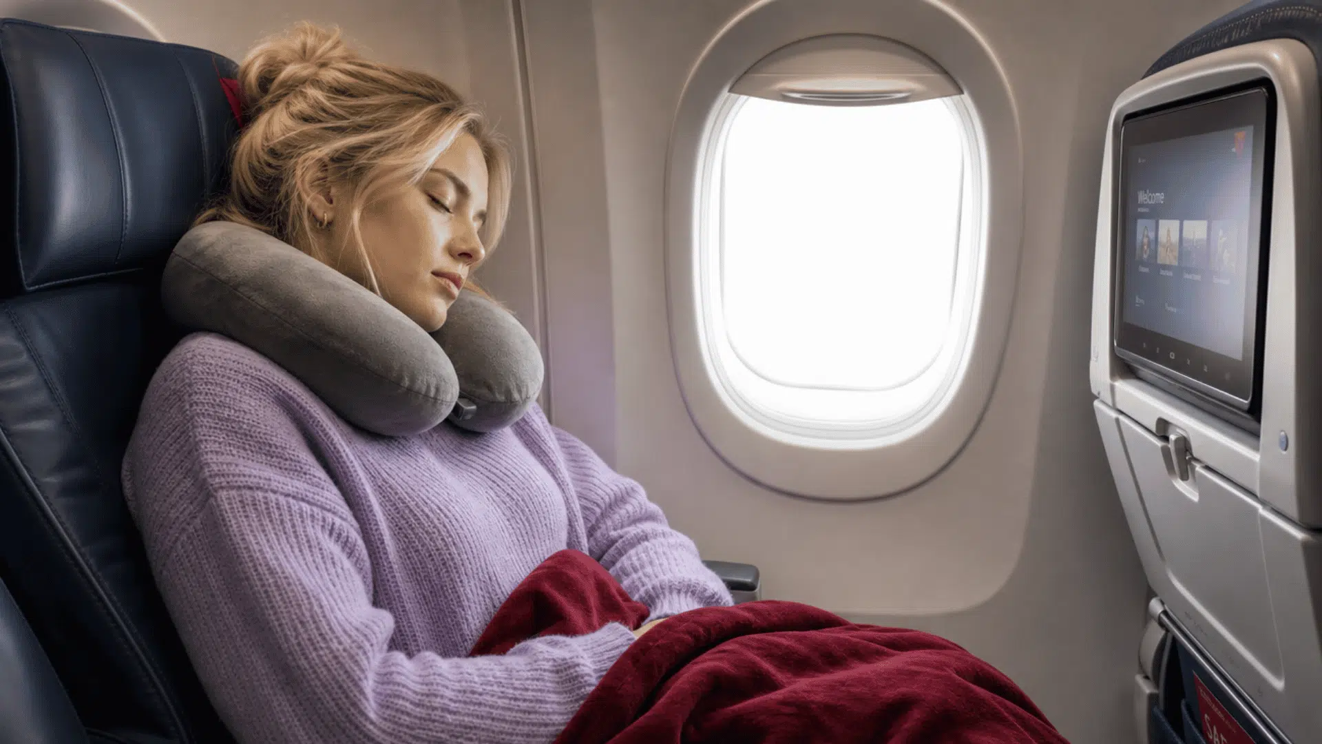 sleeping traveler resting comfortably on an airplane seat with neck pillow and blanket during flight