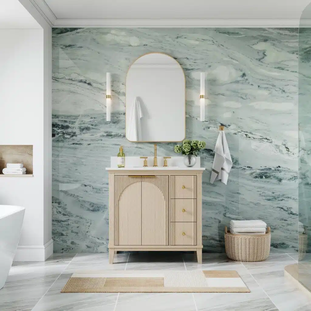 Elegant bathroom with light wood vanity, marble wall, and gold accents in a serene setting