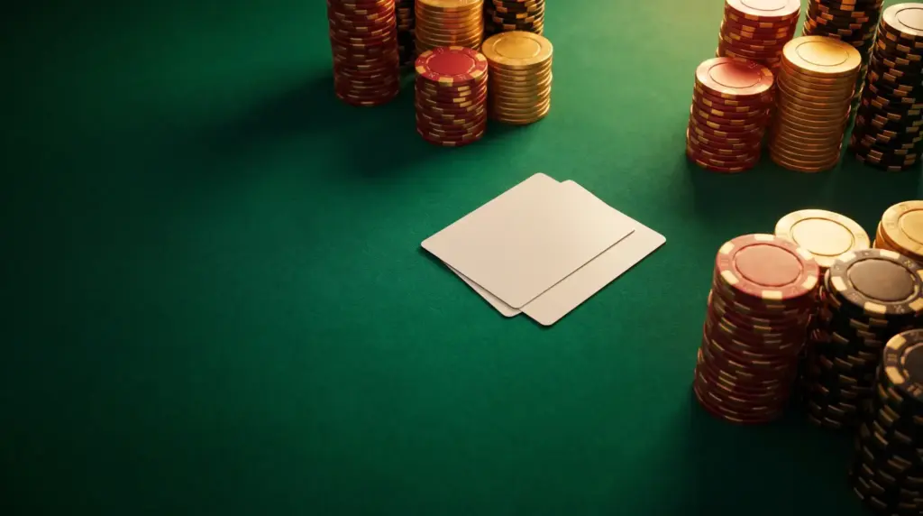 Poker chips stacked on green felt table with two playing cards nearby