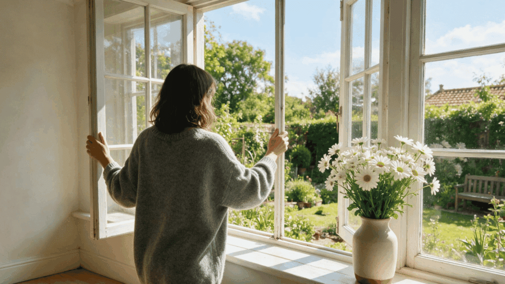 A woman opening a window from behind as fresh air and sunlight stream into a bright clean room