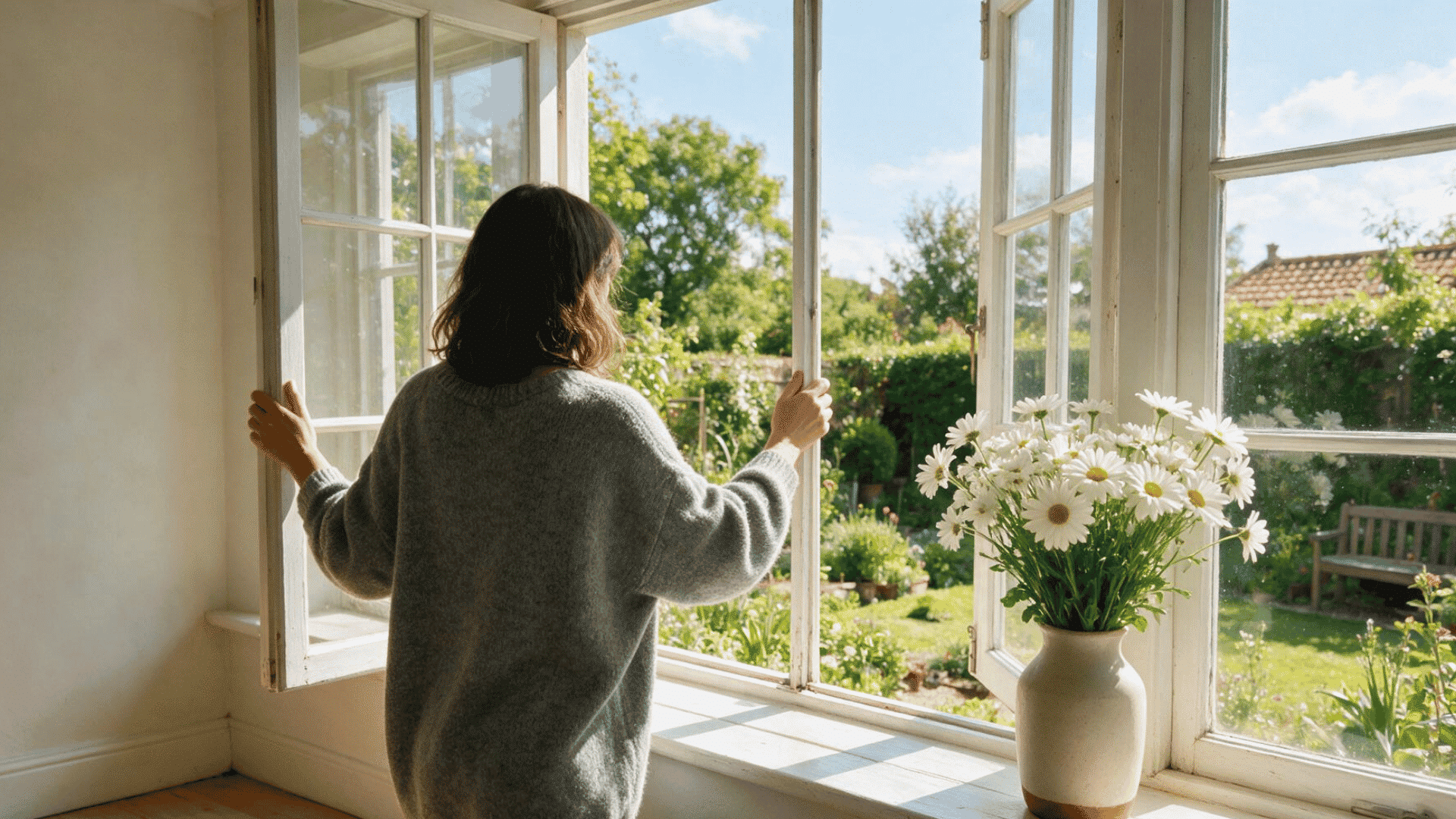 A woman opening a window from behind as fresh air and sunlight stream into a bright clean room