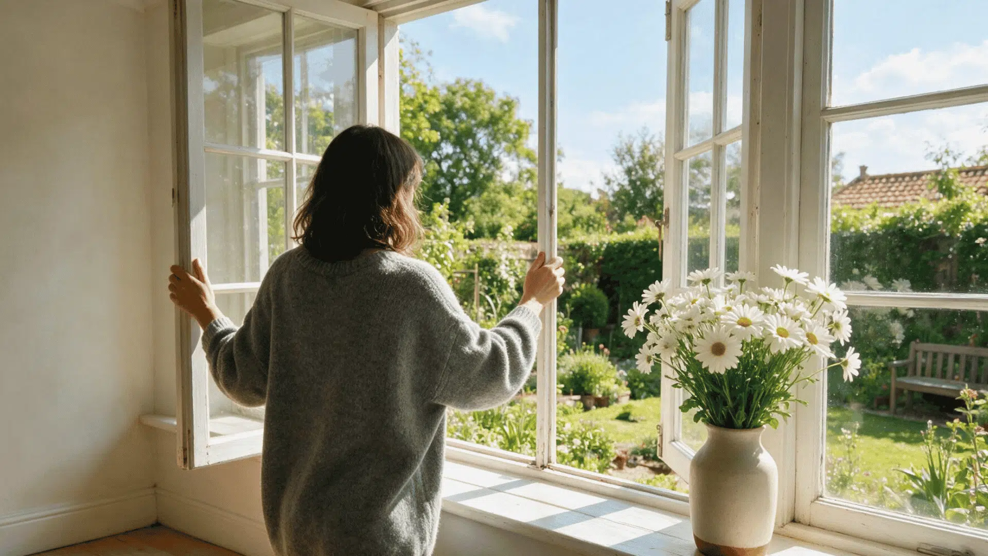 A woman opening a window from behind as fresh air and sunlight stream into a bright clean room