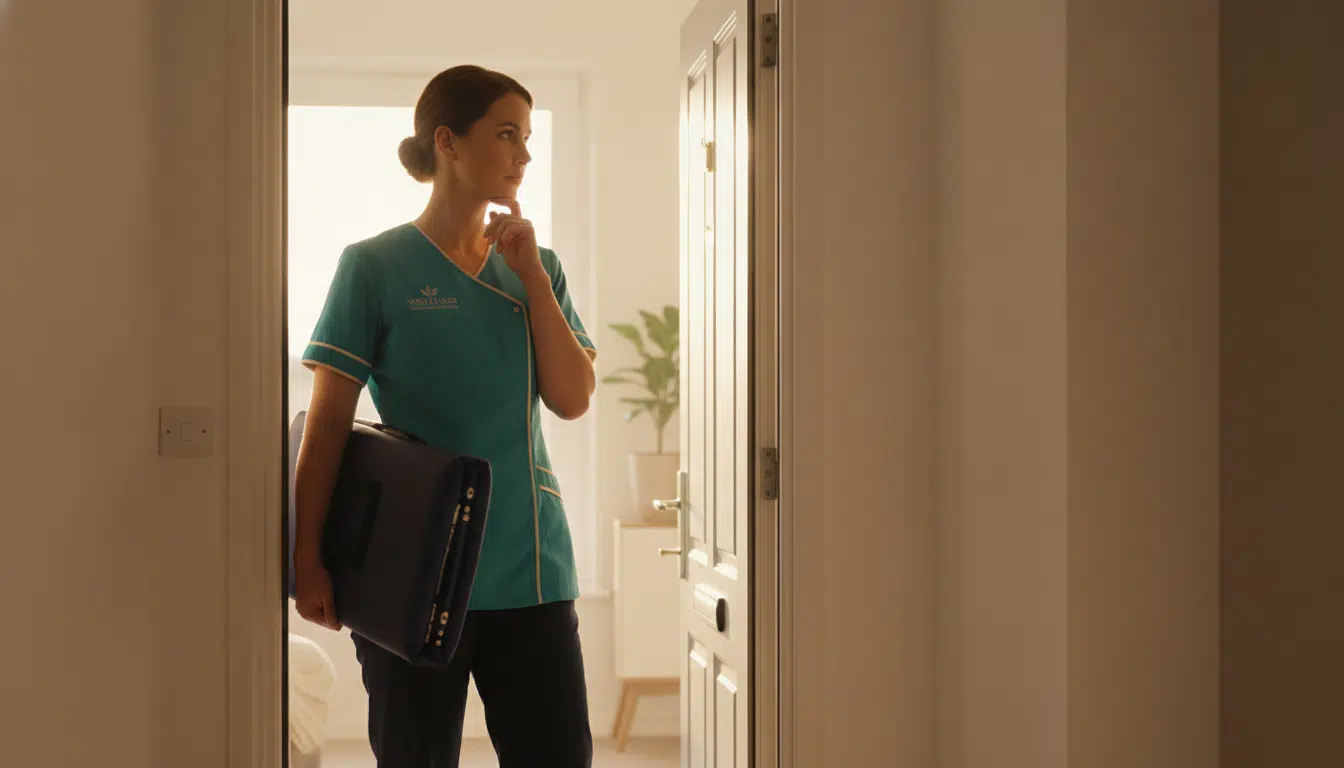 Healthcare professional in teal uniform holding a folded massage table in a brightly lit hallway