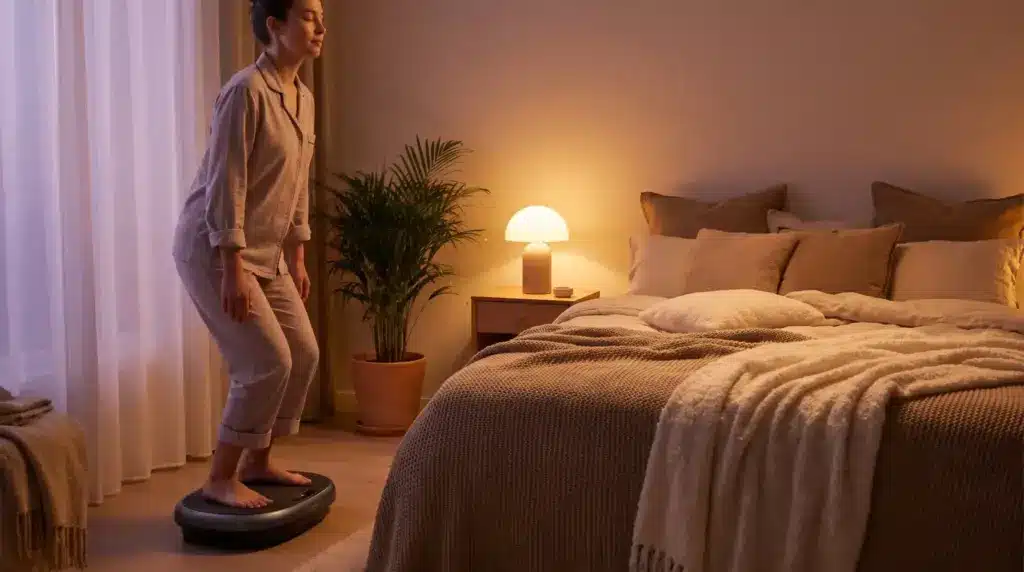 Woman in pajamas standing on vibration plate in cozy dimly lit bedroom