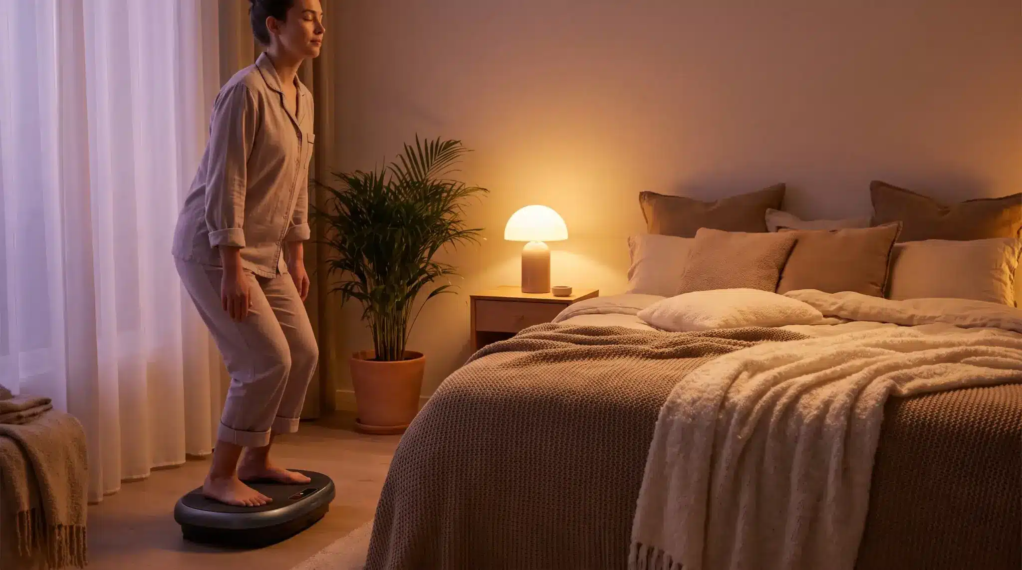 Woman in pajamas standing on vibration plate in cozy dimly lit bedroom