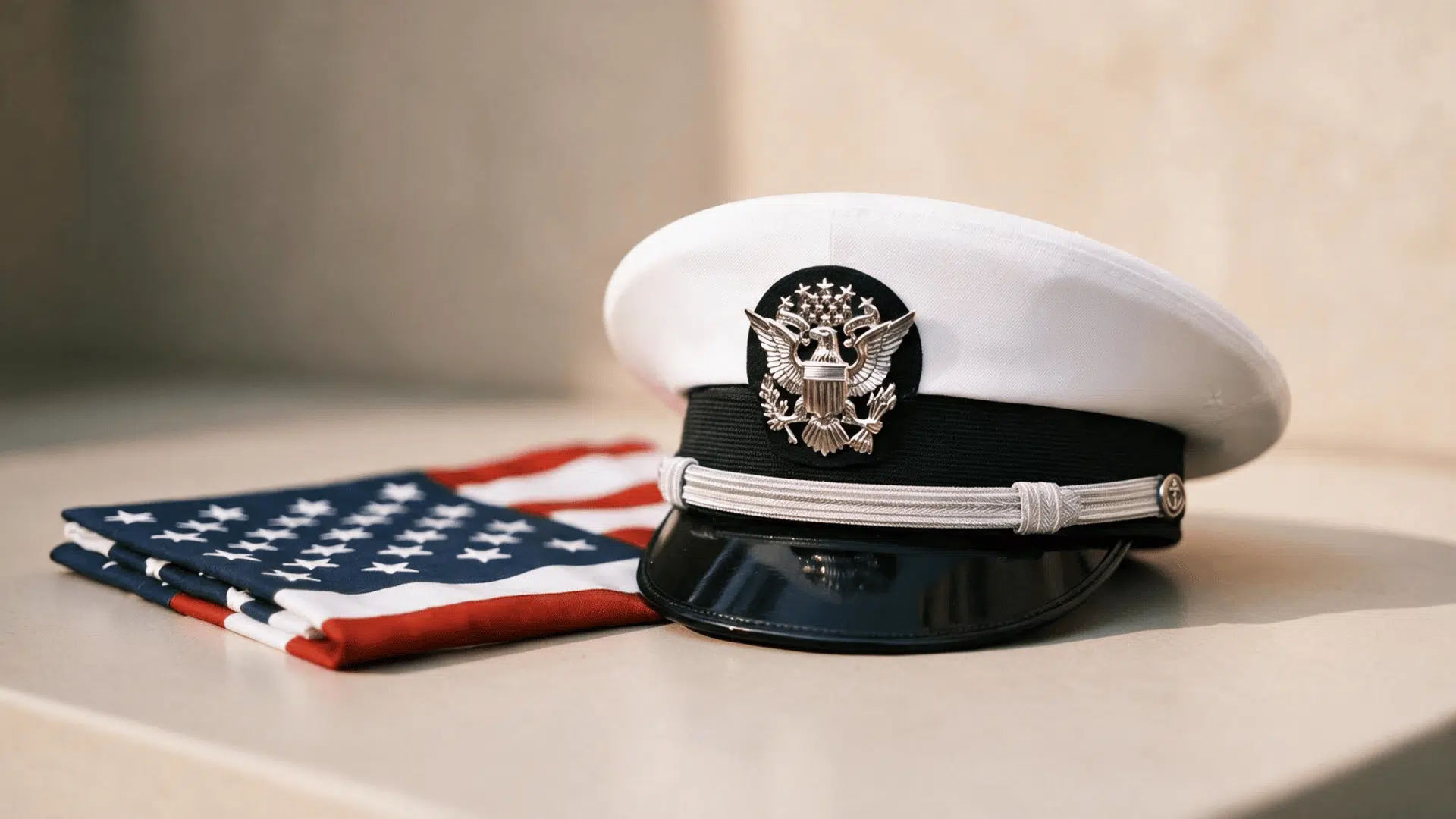White military cap resting on a folded American flag on a table.