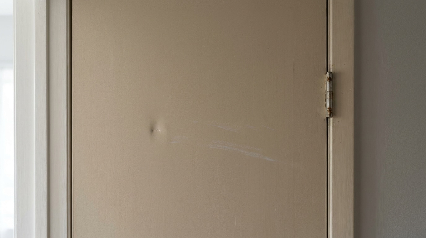 Brown door with visible scuff marks and dent in indoor setting