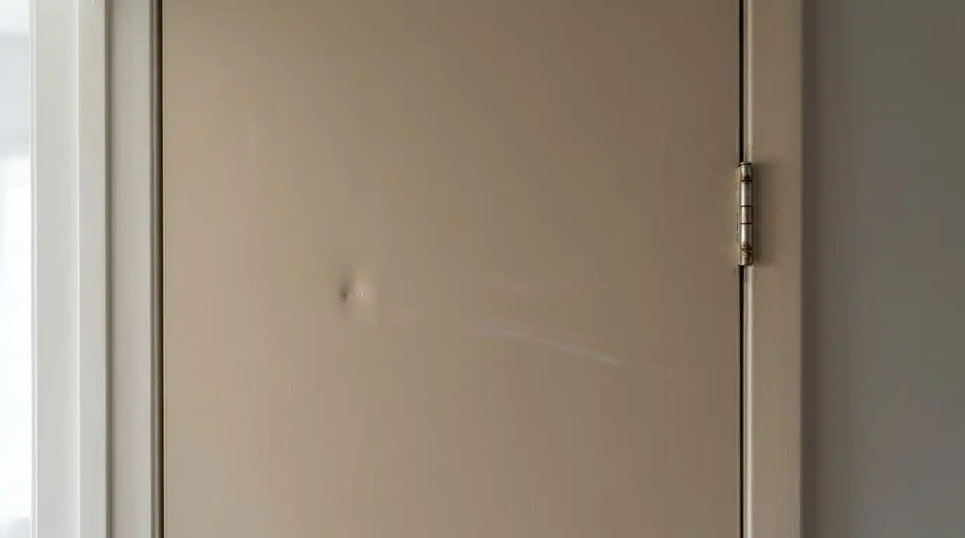 Brown door with visible scuff marks and dent in indoor setting