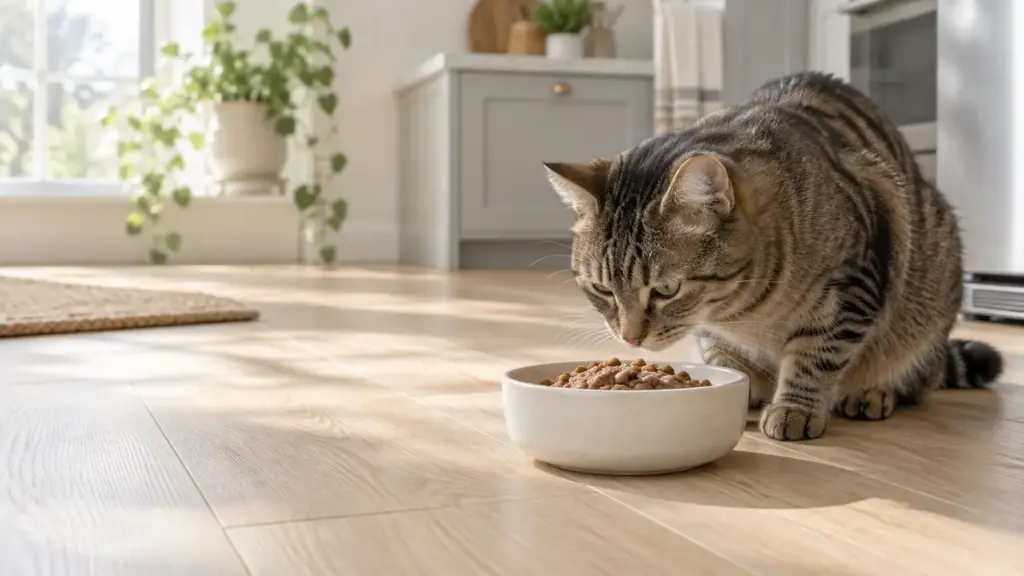 Tabby cat eating from white bowl on sunlit wooden kitchen floor