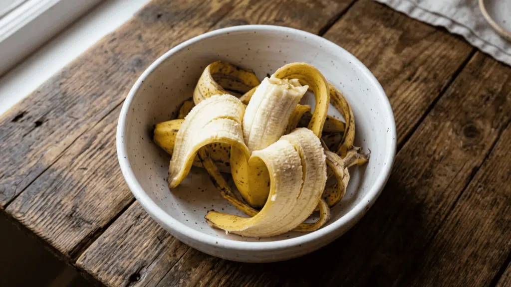 partially peeled ripe bananas in a ceramic bowl on a rustic wooden table