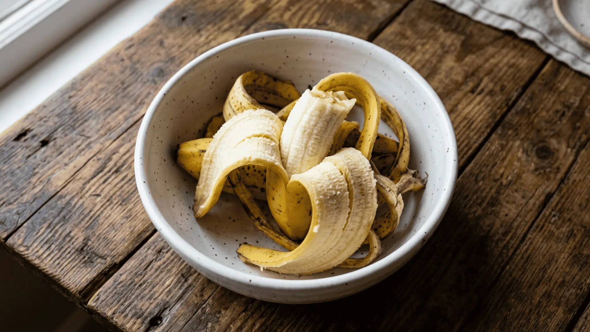 partially peeled ripe bananas in a ceramic bowl on a rustic wooden table