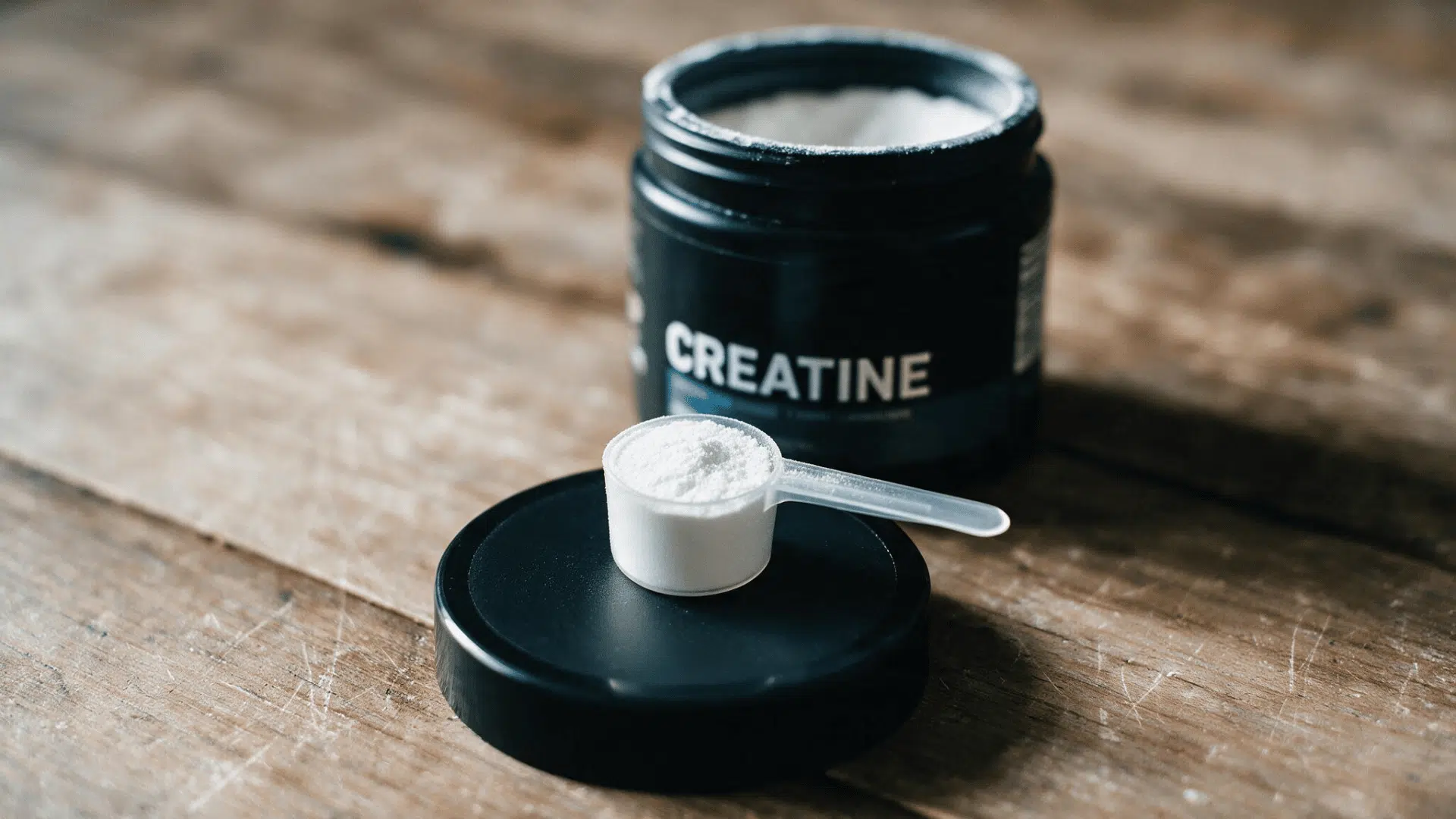 Creatine powder scoop beside an open container on a wooden surface