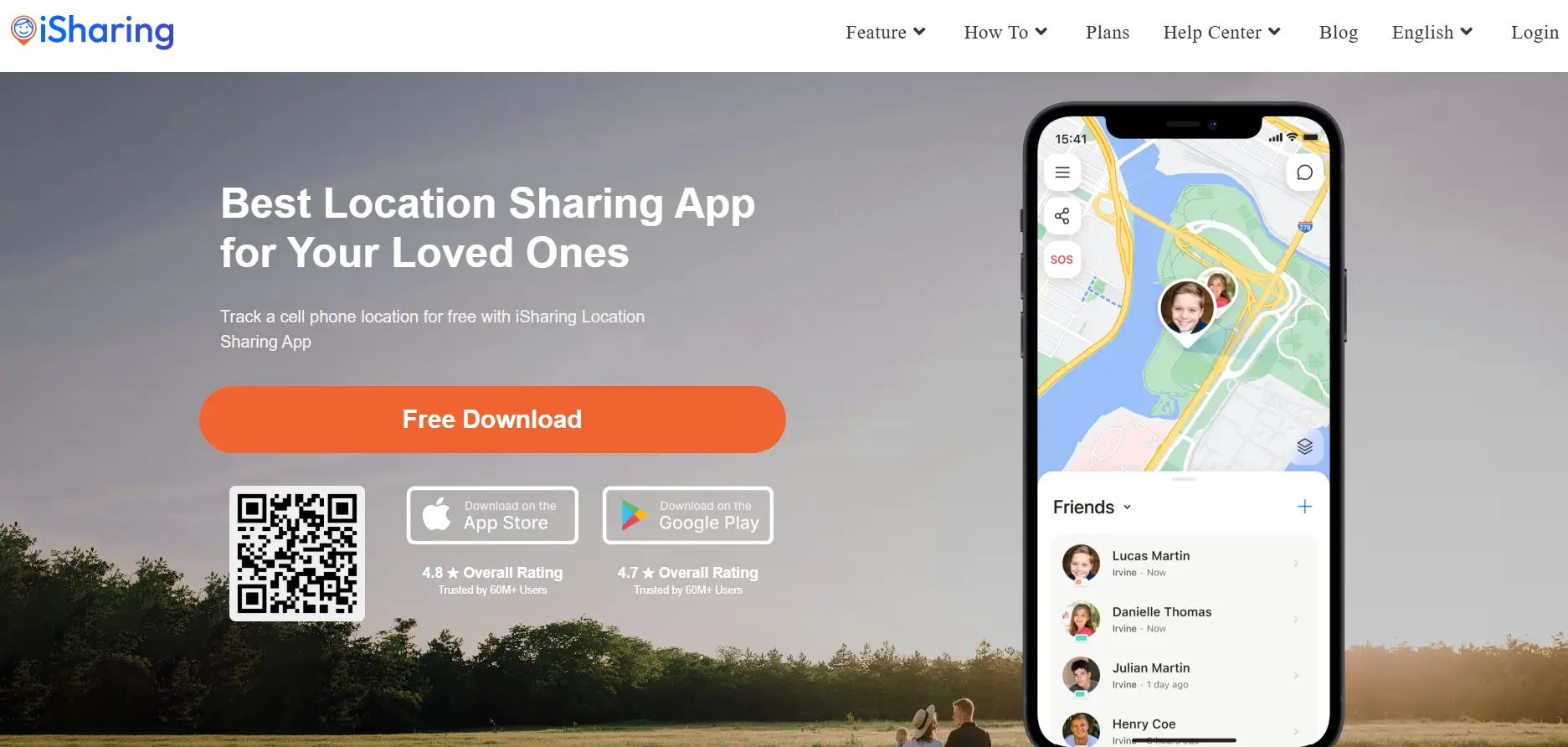 Smartphone displaying location-sharing app interface over serene landscape background with download options visible