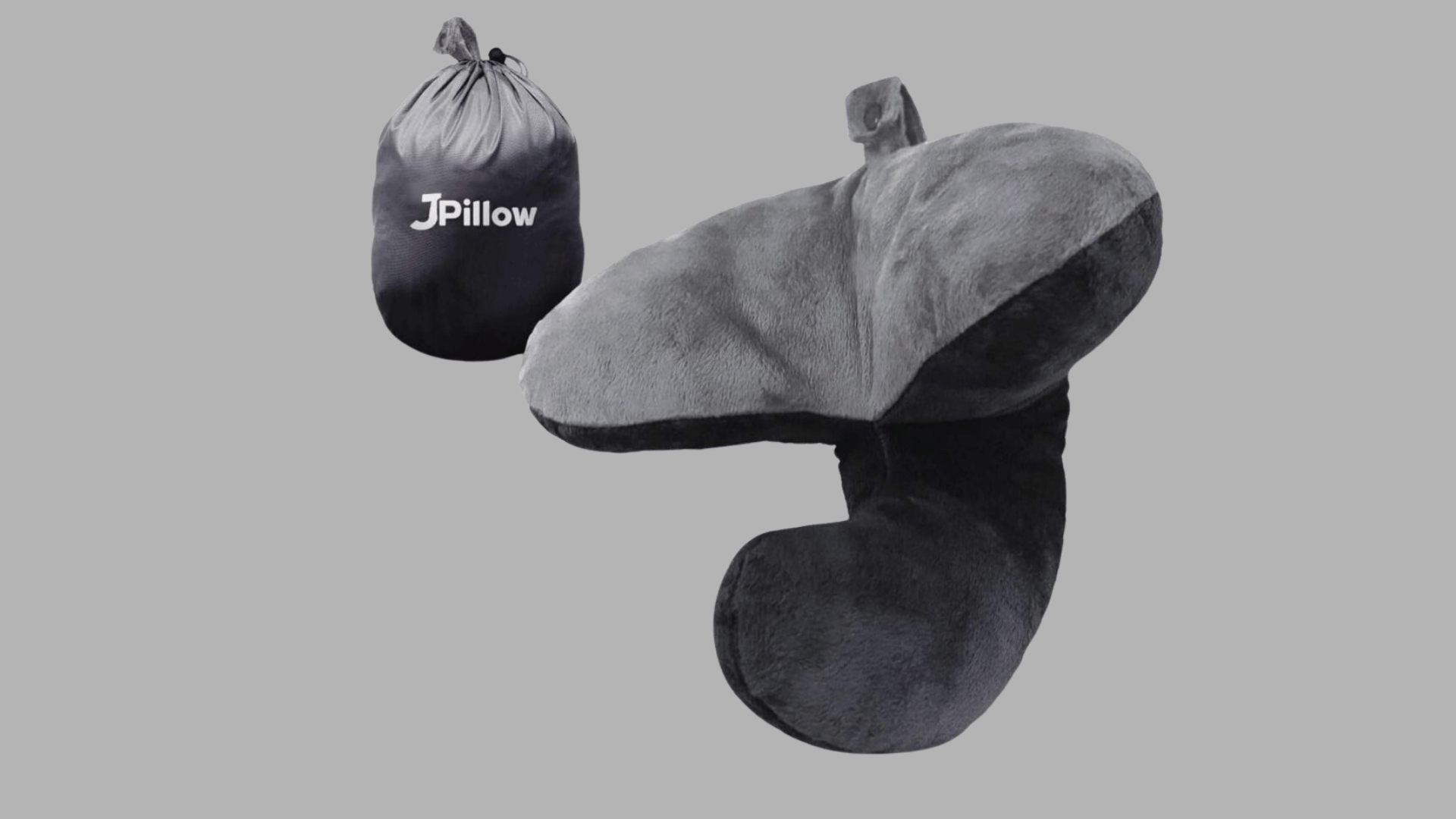 j-pillow travel pillow with chin and side support beside its storage bag