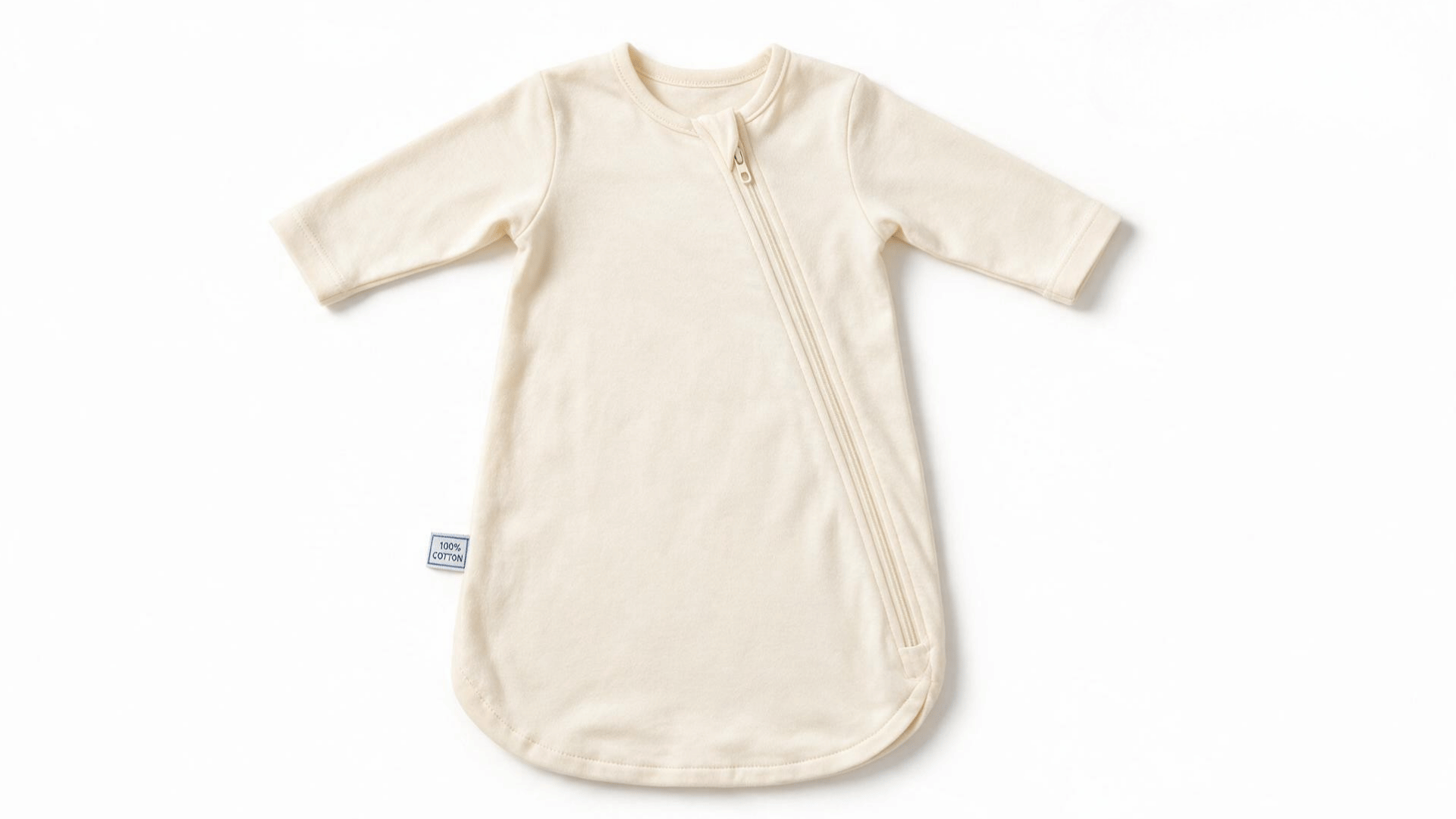 cream baby sleep sack with long sleeves and diagonal zipper on a white background