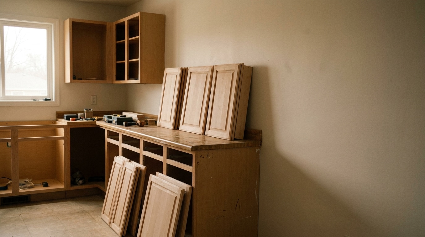 Unfinished kitchen cabinets with detached doors in an empty room under natural light