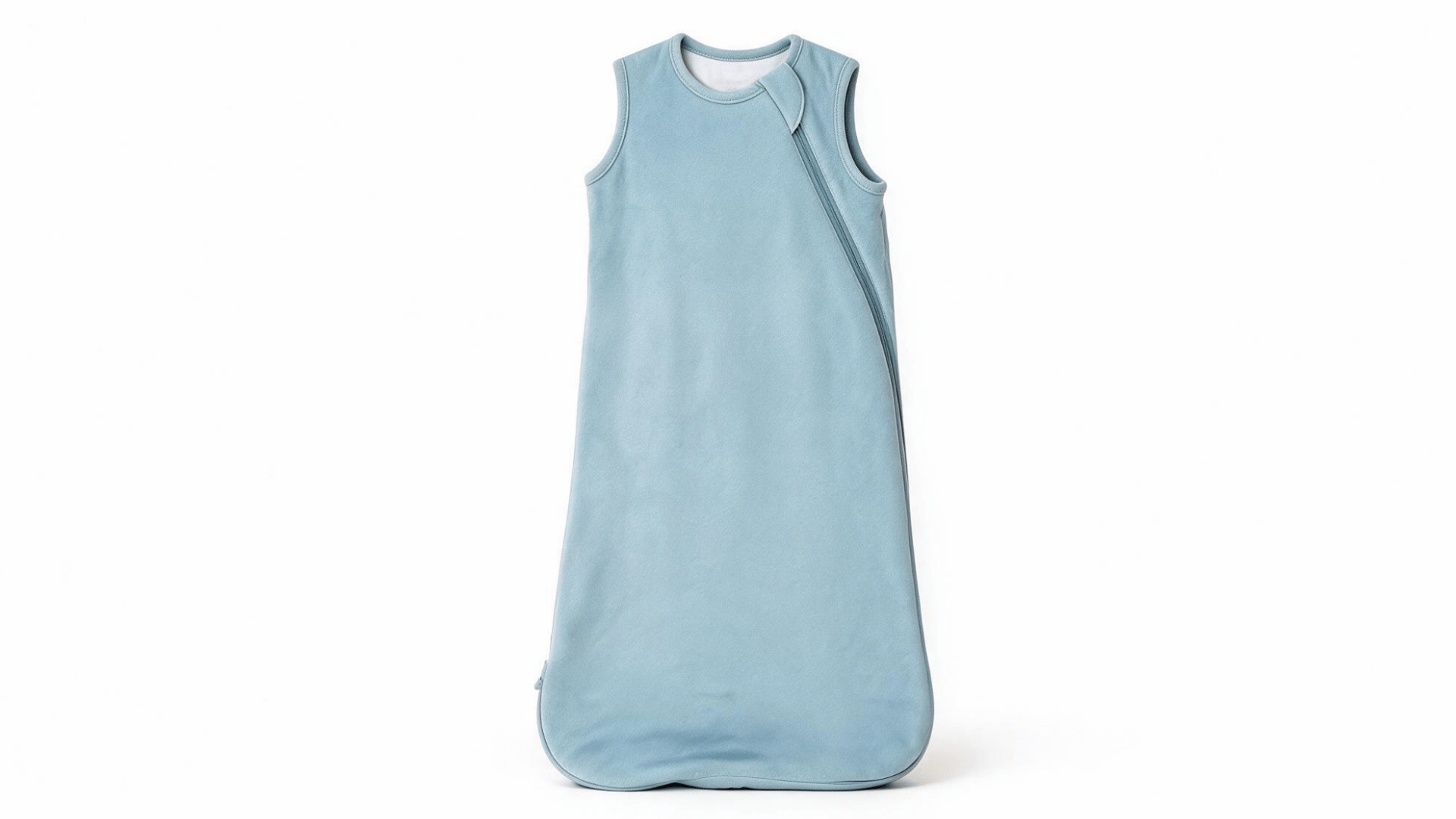 light blue sleeveless baby sleep sack with diagonal zipper on a white background