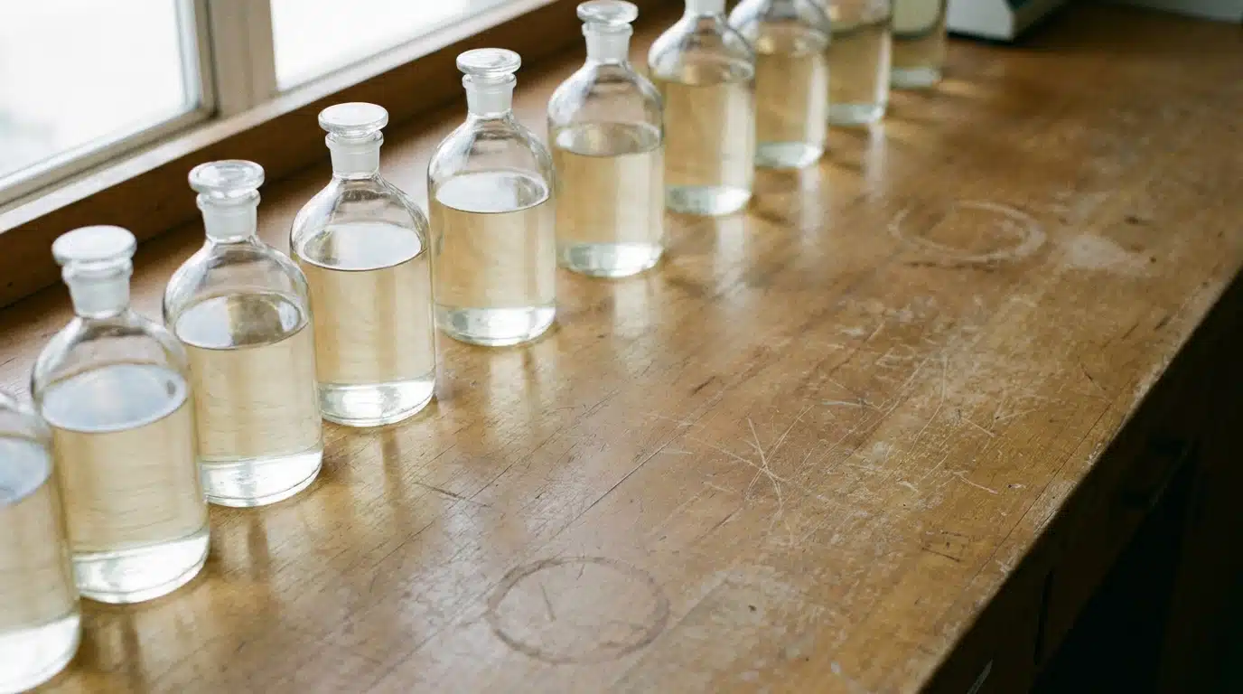 Glass bottles filled with liquid lined up on rustic wooden table in natural light