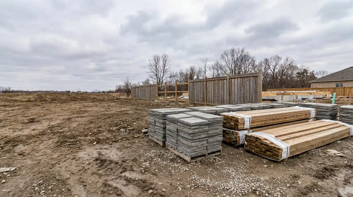 Stacks of concrete slabs and wooden planks on muddy construction site with cloudy sky
